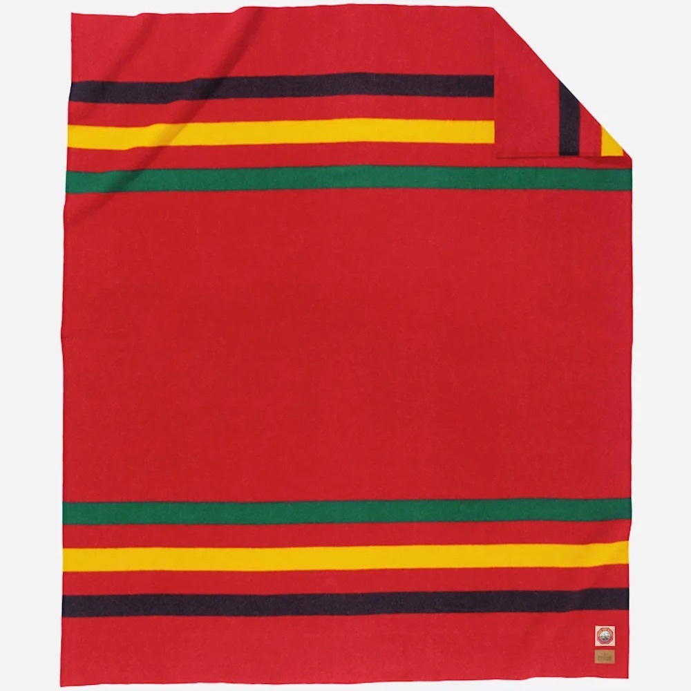 Pendleton Red Blanket with Yellow, Green & Black Stripes 80x80 approximately